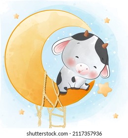 Cute little cow sitting on moon and star watercolor cartoon illustration