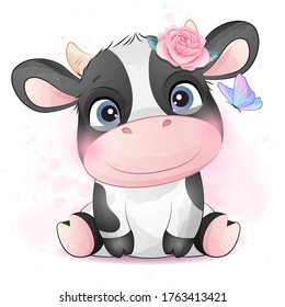 Cute Little Cow With Watercolor Illustration