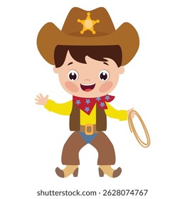 Cute little cowboy with lasso vector cartoon illustration