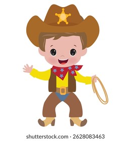 Cute little cowboy with lasso vector cartoon illustration