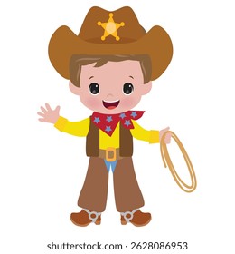Cute little cowboy with lasso vector cartoon illustration