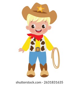 Cute little cowboy with lasso vector cartoon illustration