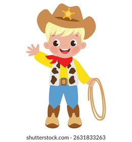 Cute little cowboy with lasso vector cartoon illustration