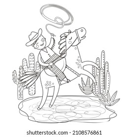 Cute little cowboy rides a horse. Wild west illustration with horse, boy, lasso and cacti. Coloring page or coloring book. Cartoon vector illustration.