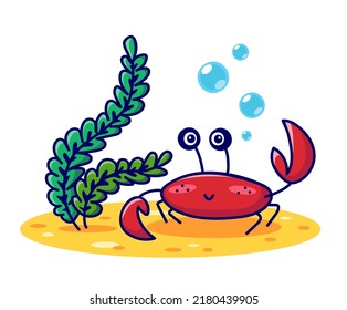 Cute little crab on the seabed. Flat vector illustration isolated on a white background.
