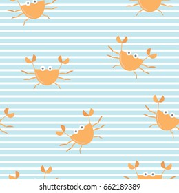 Cute little crab seamless pattern on striped background. Vector hand drawn illustration.