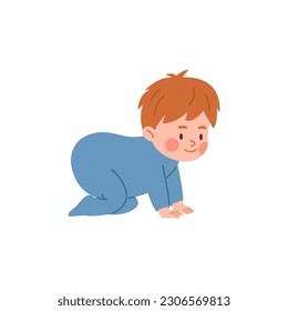 Cute little crawling baby boy flat style, vector illustration isolated on white background. Decorative design element, small smiling child, baby growth stage