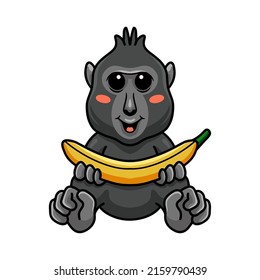 Cute little crested black macaque cartoon holding a banana