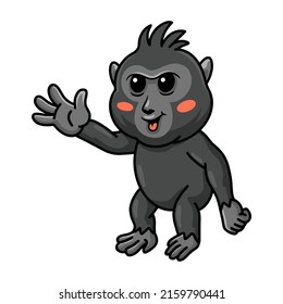 Cute little crested black macaque cartoon waving hand