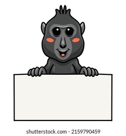 Cute little crested black macaque cartoon with blank sign