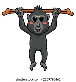 Cute little crested black macaque cartoon hanging on tree