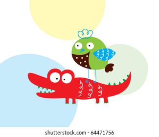 cute little crocodile and bird