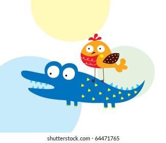 cute little crocodile and bird
