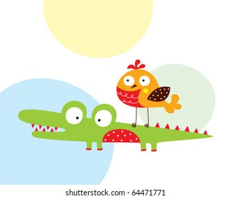 cute little crocodile and bird