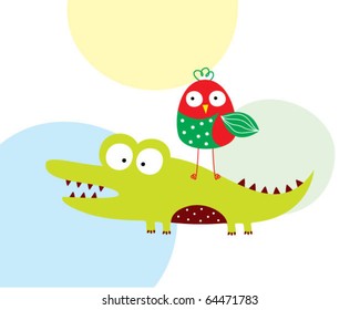 cute little crocodile and bird
