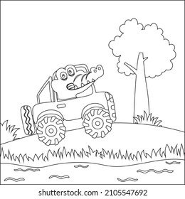 Cute little crocodile driving a car go to forest funny animal cartoon with Line Art Design Hand Drawing Sketch Vector illustration For Adult And Kids Coloring Book.