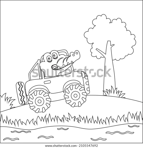 Cute little crocodile\
driving a car go to forest funny animal cartoon with Line Art\
Design Hand Drawing Sketch Vector illustration For Adult And Kids\
Coloring Book.