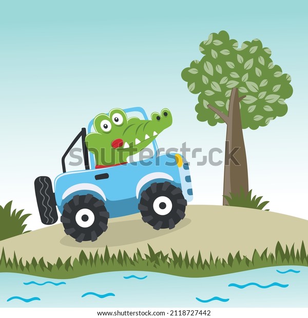 Cute little crocodile\
driving a car go to forest Creative vector childish background for\
fabric textile, nursery wallpaper, brochure. and other\
decoration.