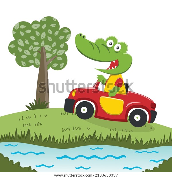 Cute little\
crocodile driving a car go to forest funny animal cartoon,vector\
illustration. Vector illustration. T-Shirt Design for children.\
Design elements for kids.