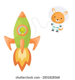 Cute little crocodile flying in green rocket. Cartoon kangaroo character in space costume with rocket on white background. Design for baby shower, invitation card, wall decor. Vector illustration