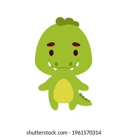 Cute little crocodile on white background. Cartoon animal character for kids cards, baby shower, birthday invitation, house interior. Bright colored childish vector illustration.
