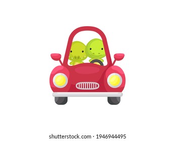 Cute little crocodile and turtle driving red car. Cartoon character for childrens book, album, baby shower, greeting card, party invitation, house interior. Vector stock illustration.