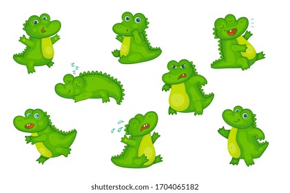 Cute little crocodiles cartoon characters set, vector illustration isolated on white background. Childish funny alligators of various expressions and poses bundle.