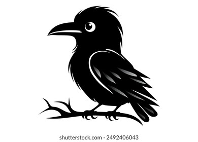 Cute little crow cartoon on tree branch. Cartoon black crow isolated on white background. Raven Halloween character. Vector illustration.