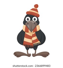 Cute little crow in a striped scarf and beanie. Small cartoon raven in a fluffy warm hat. Vector illustration. Bird character