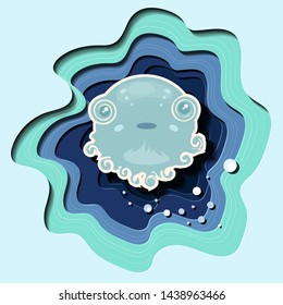 Cute little cthulhu (octopus) in paper cut deep blue ocean with waves and white bubbles. Kawai kartoon style.