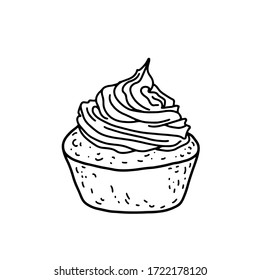 Cute little cupcake with cream on a white background. Black and white vector illustration of a cream muffin decorated with cream. Isolated object for printing, menu, coloring.