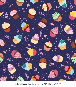 Cute little cupcakes seamless pattern on deep blue background