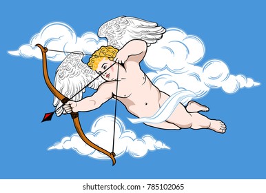 Cute little Cupid is aiming from a crossbow