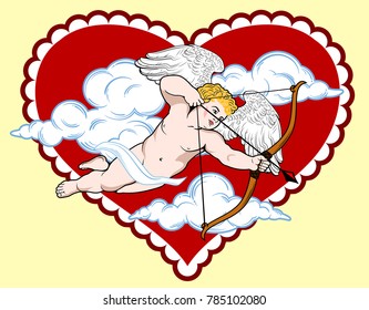 Cute little Cupid is aiming from a crossbow