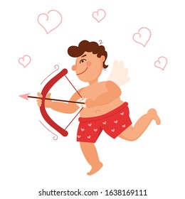 Cute Little Cupid With A Bow And Arrow. Happy Valentine's Day. Isolated On White Background. Vector Illustration For Graphic And Web Design, Animation Creation, And More.