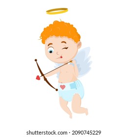 Cute little cupid with a bow and arrow takes aim. Vector cartoon illustration isolated on a white background.