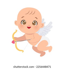 Cute little cupid with bow and arrow. Flat vector cartoon design