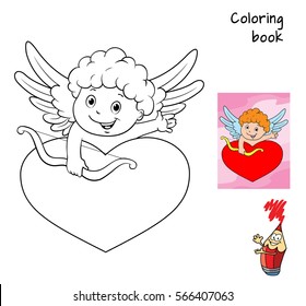 Cute little cupid with bow behind the heart. Coloring book. Cartoon vector illustration