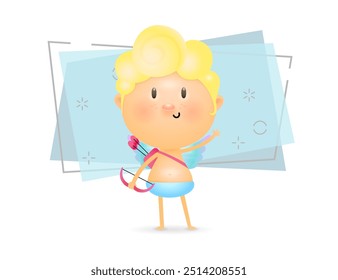 Cute little cupid boy with bow and arrows waving hand. Holiday, fairy tale, love. Valentine Day concept. Vector illustration can be used for topics like holiday, myths, childhood