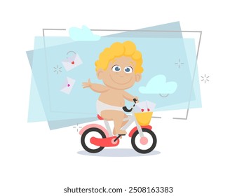 Cute little cupid delivering Valentines cards by bike. Riding bicycle, cherub, fun, joy. Valentines day concept. Can be used for topics like love, romance, dating