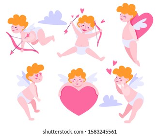 Cute little cupid in difference poses for valentine day. Baby cupid with bow and arrow. Little angel. Isolated vector illustration in cartoon style