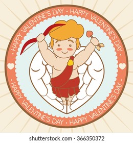 Cute little Cupid flying with arrow and bow in cartoon style.