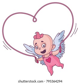 Cute little cupid girl playing with jumping rope in a shape of a heart.