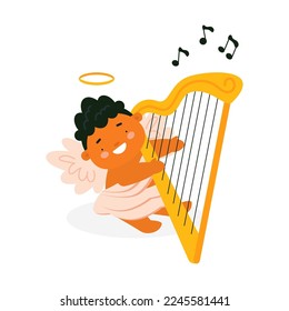 Cute little Cupid playing harp. St. Valentine's Day character. Cartoon vector illustration for greeting card and design. Lovely baby angel.