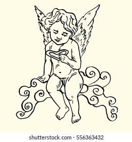 Cute little cupid sitting on the cloud and reading heart shape valentine postcard, hand drawn doodle, sketch in pop art style, vector