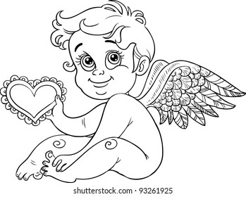 cute little cupid with Valentine,  black outline for coloring