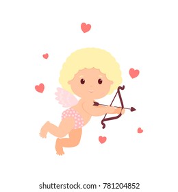 Cute little cupid vector illustration. Lovely cartoon baby boy cupid with a bow and an arrow. Romantic Valentine's Day illustration