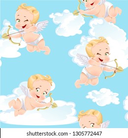 Cute little cupids shoots a bow on blue sky with clouds seamless pattern