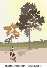 Cute little curious boy standing at old tree with his bicycle.