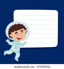 Cute little curly boy astronaut with a blank poster for your text entry isolated on blue space. Ready for your message. Design background for child books, stickers, posters, web pages, stickers. 